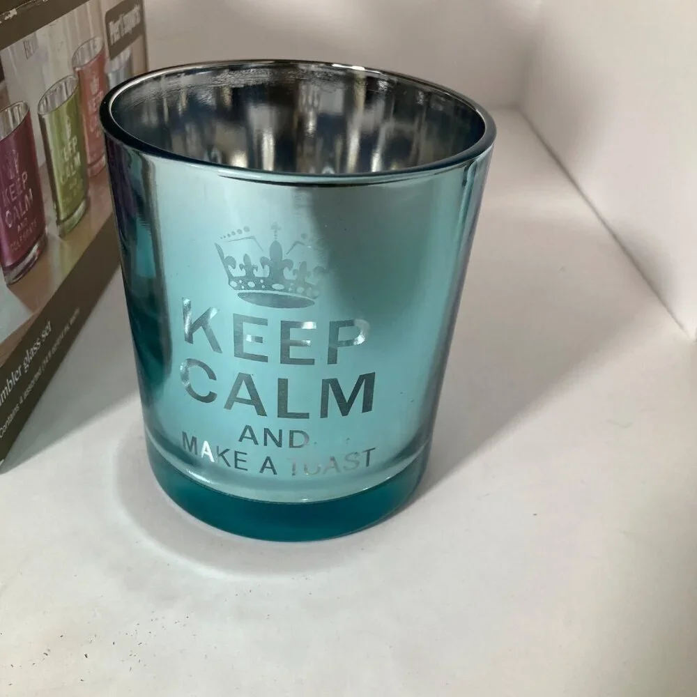 Set 4 Drinking Glass Pier 1 Imports Tumblers Iridescent Keep Calm 8 x 8 x 5